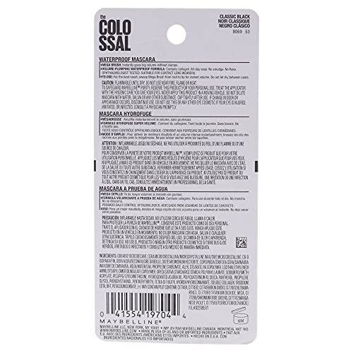 Maybelline Volum' Express The Colossal Waterproof Mascara, Volumizing, Thickening, Clump-Free Make Up Formula, Classic Black, 1 Count