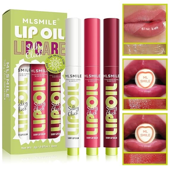3 Colors Fat Lip Oil Click Slick,Non-stick and High Pigment Lip Glow Oil, Lightweight Lip Plumper with Coconut Oil,Moisturizing and Long-lasting Lip Balm (Set: A)