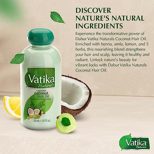Dabur Vatika Naturals Coconut Hair Oil with Henna, Amla, Lemon & 5 Herbs - Nourish & Strengthen Hair & Scalp for Healthy & Radiant Hair for Kids, Women & Adults - 5.07 Fl Oz (Pack of 1)