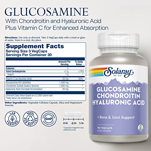 SOLARAY Glucosamine Chondroitin and Hyaluronic Acid, 1500mg/1000mg/20mg 90 Capsules