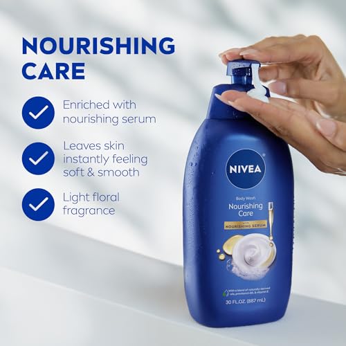 NIVEA Nourishing Care Body Wash with Nourishing Serum, Moisturizing Body Wash for Women, Enriched with Provitamin B5 and Vitamin E, 30 Fl Oz Bottle