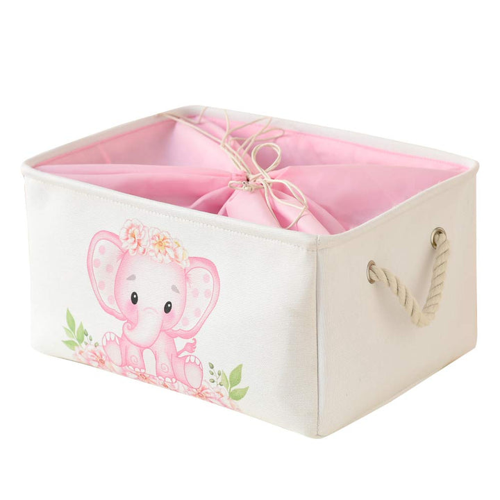 INough Pink Basket, Babies Toy Box, Baby Shower Storage Boxes Cute Pink Laundry Basket, Collapsible Book Storage Basket Elephant Decoration for Kidsroom Nursery Room Play Room (Large, Pink Elephant)