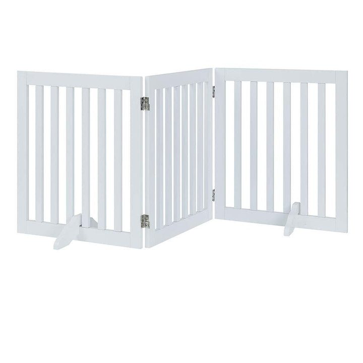 unipaws 24”H Free Standing Pet Gate for Dog Cat, Wooden Dog Gates for Doorway, Stairs, Step Over Foldable Pet Fence for The House, Expandable Dog Barrier, Indoor Use, White