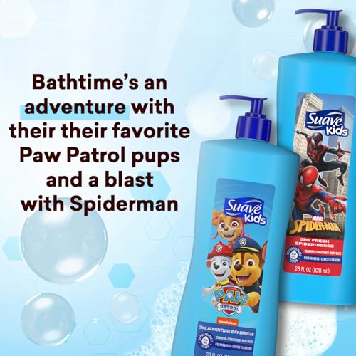 Suave Kids 3-in-1 Variety 2-Pack –Spiderman Fresh Spider-Sense & Paw Patrol Adventure Bay Breeze, Shampoo, Conditioner & Body Wash, 28 Oz Ea