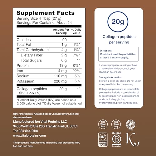 Vital Proteins Grass Fed Collagen Peptides Powder, Promotes Hair, Nail, Skin, Bone and Joint Health - Hydrolyzed Collagen - Chocolate, 13.5 oz, Pack of 1