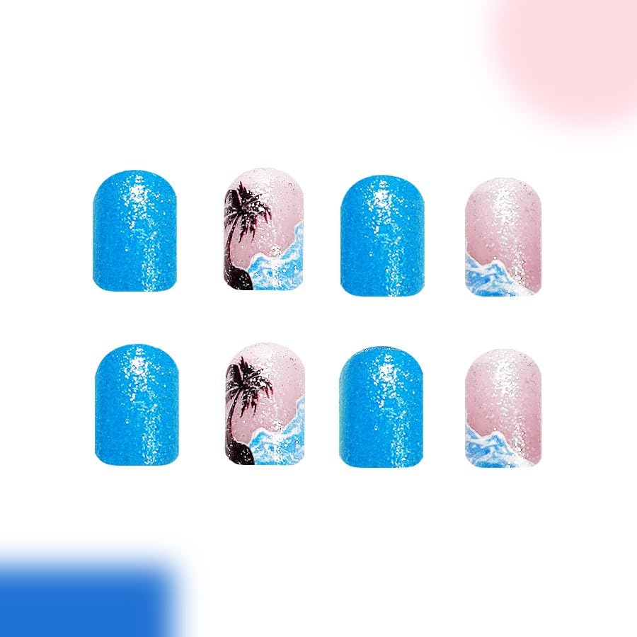 Short Press on Nails Summer Palm Tree Fake Nails Square Acrylic Nails Glossy Blue Glue on Nails with Sea Wave Beach Glitter Designs Stick on Nails Summer False Nails for Women Girls 24PCS