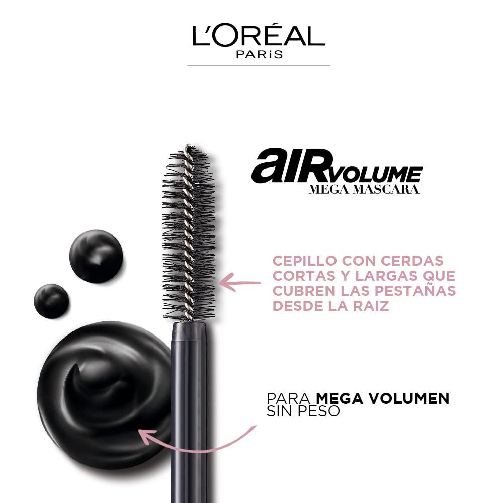 L’Oréal Paris Makeup Air Volume Mega Mascara, Lightweight & Long-lasting Volumizing Mascara for Voluminous Eyelashes, Waterproof Black, 0.3 Fl Oz