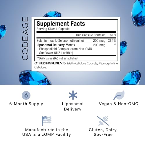 Codeage Selenium 200 mcg Supplement, 6-Month Supply, Immune Support, Mineral Cofactor Selenomethionine, Phospholipids, Vegan, Liposomal Delivery, 180 Capsules