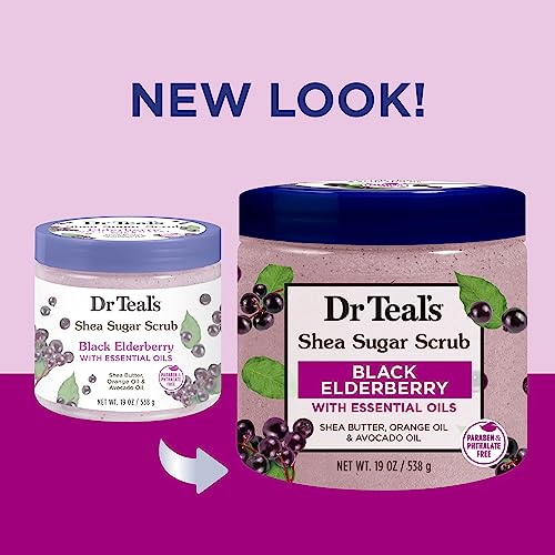 Dr Teal's Shea Sugar Body Scrub, Black Elderberry with Essential Oils, 19 oz (Pack of 3)