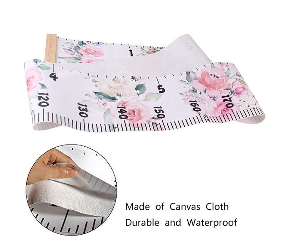 Baby Growth Chart Ruler Kids Roll-up Height Chart Wall Hanging Measurement Chart Wall Decor with Wood Frame for Kids Nursery Room Canvas Removable Height Growth Chart 8'' x 79'' (Pink Flower)