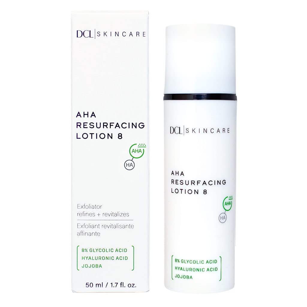 DCL Skincare AHA Resurfacing Lotion 8, 8% Glycolic Acid with Hyaluronic Acid Exfoliates and Hydrates, 1.7 Fl oz