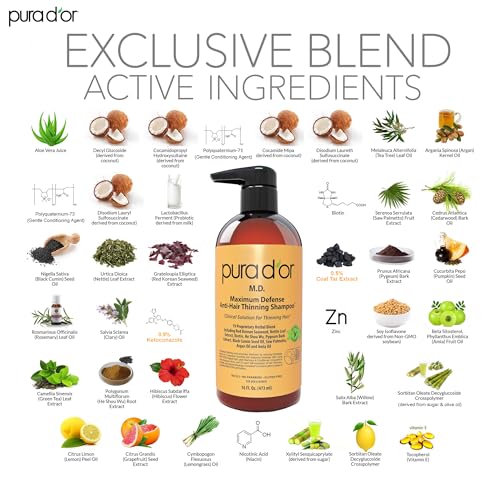 PURA D'OR 16 Oz MD Anti-Hair Thinning Maximum Defense Shampoo - 0.5% Coal Tar, Biotin, Proprietary Herbal Blend For Dry & Itchy Scalp, No Sulfates - For Men & Women