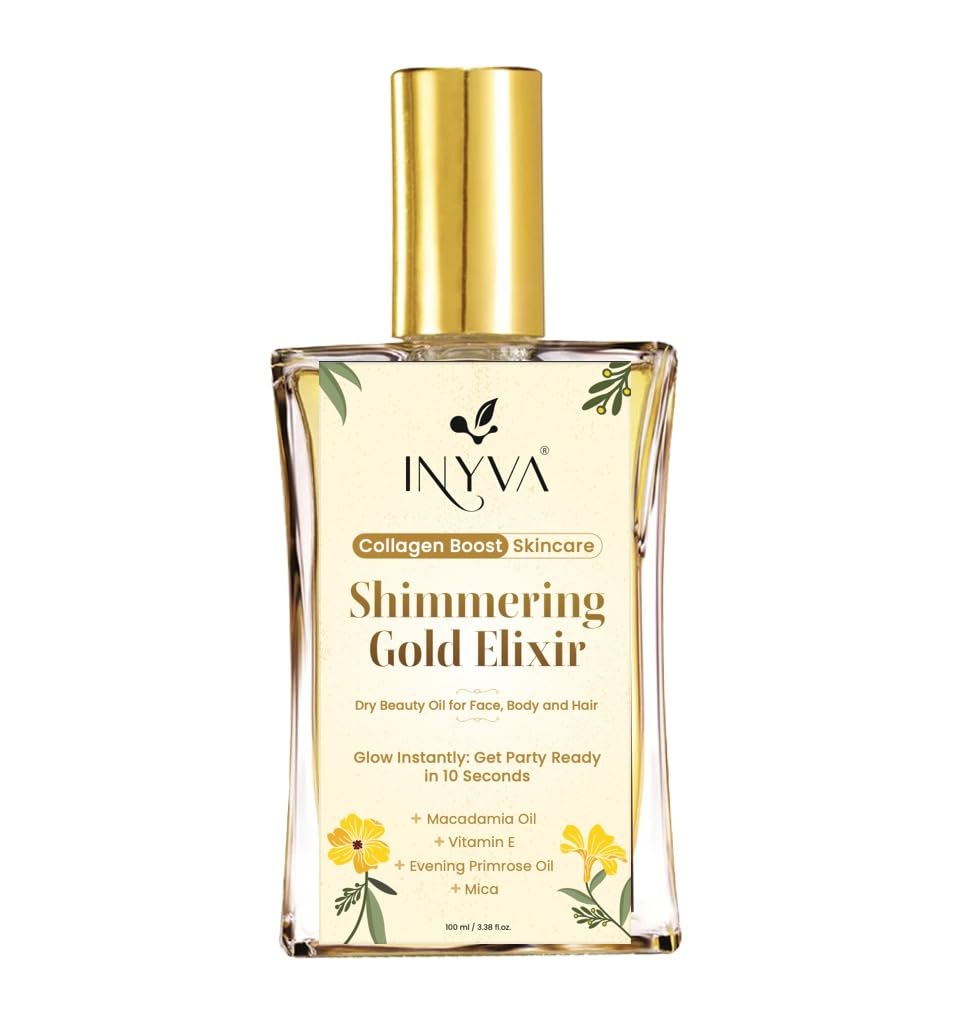 INYVA Shimmering Elixir Gold Dry Oil for Face, Body & Skin | Radiant Glow in 10 Seconds | Nourishes with Macadamia, Aloe Vera & Grapeseed Oils 3.38 Oz