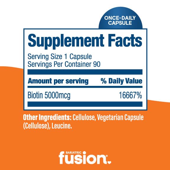 Bariatric Fusion Biotin 5000mcg Vitamin | Easy to Swallow Capsules Biotin Supplement for Hair Growth | 90 Count | 3 Month Supply