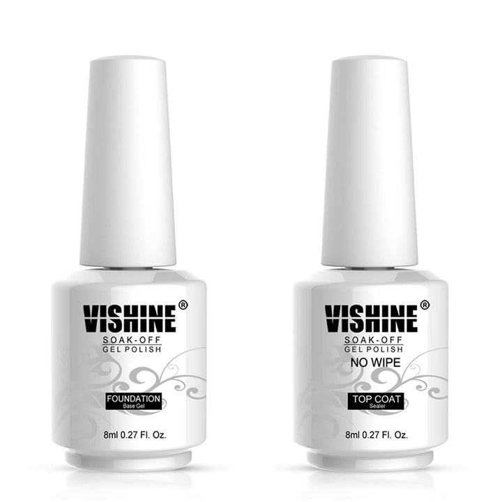 Vishine Base Coat & No Wipe No Clean Top Coat UV LED Gel Nail Polish Soak Off Varnish Set 8ml