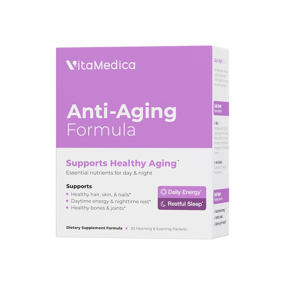 VitaMedica Anti-Aging Formula 4-in-1 Health and Beauty Supplement | Anti Aging Supplement for Women and Men | Healthy Hair, Skin, and Nails | Natural Energy & Restful Sleep | 30 AM & PM Packets
