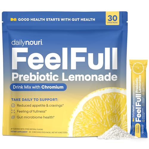 Daily Nouri FeelFull Prebiotic Lemonade Drink Mix with Chromium | for Natural Feeling of Fullness, Appetite & Cravings Support | Dietary Fiber for Gut Microbiome & Metabolic Health | 30 Stick Packs