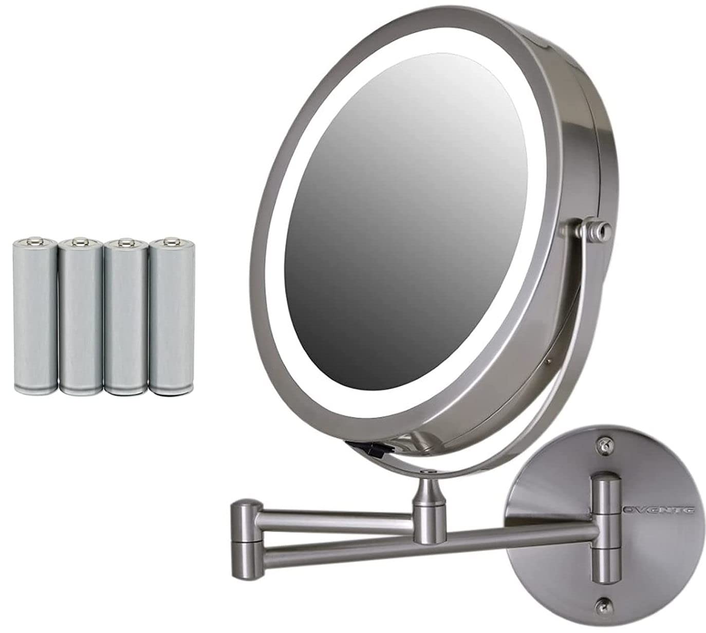 OVENTE 9 Lighted Wall Mount Makeup Mirror with 1X/7X Magnification, Cordless Double Sided Magnifying Round Vanity Mirror, 360° Swivel Design, Extendable and Folding Arm, Nickel Brushed MFW85BR1X7X