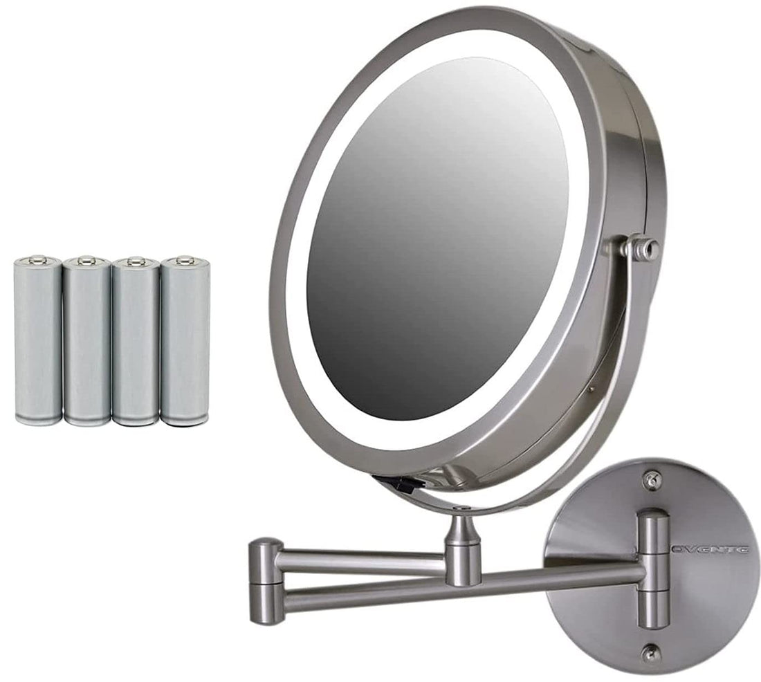 OVENTE 9 Lighted Wall Mount Makeup Mirror with 1X/7X Magnification, Cordless Double Sided Magnifying Round Vanity Mirror, 360° Swivel Design, Extendable and Folding Arm, Nickel Brushed MFW85BR1X7X