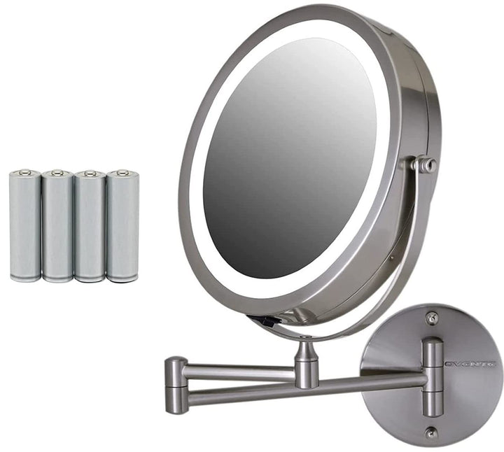 OVENTE 9 Lighted Wall Mount Makeup Mirror with 1X/7X Magnification, Cordless Double Sided Magnifying Round Vanity Mirror, 360° Swivel Design, Extendable and Folding Arm, Nickel Brushed MFW85BR1X7X