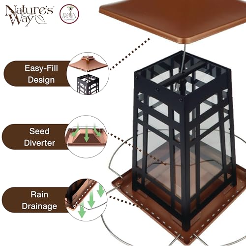 Nature's Way Outdoor Garden Décor Hanging Wild Bird Seed Feeder, Metal Copper Gazebo Feeder, Easy Fill, Rain Drainage, Black and Copper