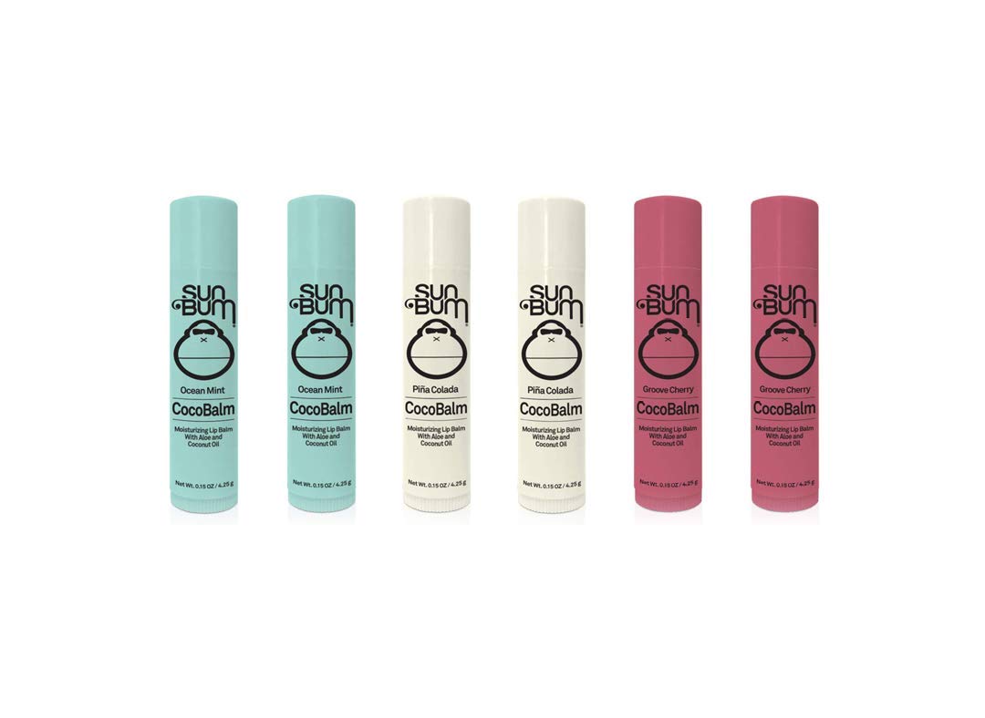 Sun Bum CocoBalm | Vegan and Cruelty Free Moisturizing Lip Balm with Aloe and Coconut Oil | Pina Colada, Ocean Mint, Groove Cherry (.15 oz) | Pack of 6 (2 of Each Flavor)