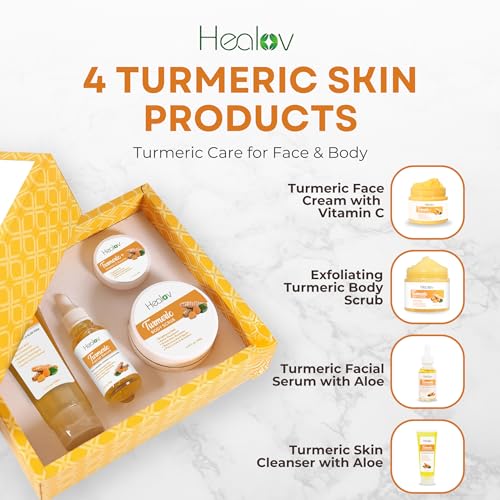 Turmeric Skincare Set - Turmeric Skin Care Products Brightening & Acne - Turmeric Skin Care Kit, Turmeric Skin Care Set - Turmeric Cleanser, Body Scrub, Face Cream & Facial Serum