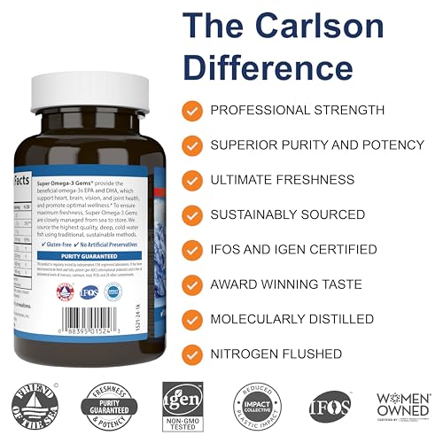 Carlson - Super Omega-3 Gems, 1200 mg Omega-3 Fatty Acids with EPA and DHA, Wild-Caught Norwegian Supplement, Sustainably Sourced Fish Oil Capsules, Omega 3 Supplements, 100+30 Softgels