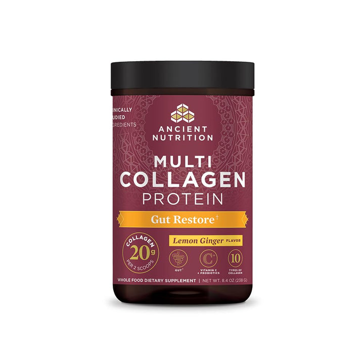 Ancient Nutrition Collagen Powder Protein, Multi Collagen Protein Gut Restore, Lemon Ginger, Apple Cider Vinegar, Vitamin C, Hydrolyzed Collagen Peptides for Healthy Hair and Nails, 8.4 oz