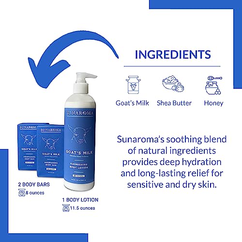 Sunaroma Goat Milk Bath & Body Set - Goat Milk Soap and Lotion - Includes 2 Sunaroma Natural Soap Bars (8 oz each) and 1 Goat Milk Lotion (11.5 oz) - Made with Organic Ingredients
