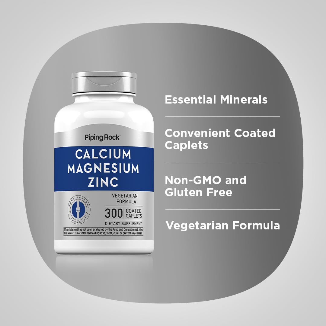 Piping Rock Calcium Magnesium Zinc Supplement | 300 Coated Caplets | Non-GMO, Gluten Free