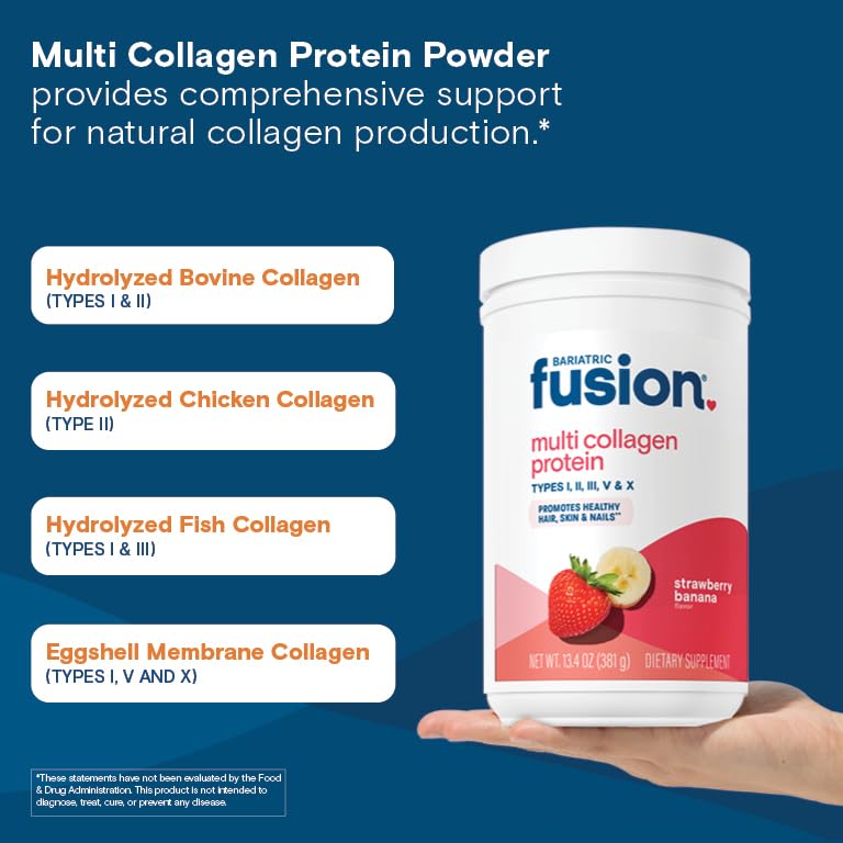 Bariatric Fusion Strawberry Banana Multi Collagen Protein Powder | Plus Joint Support Complex of MSM and Glucosamine | Dairy, Gluten & Soy Free | Non-GMO | 30 Servings