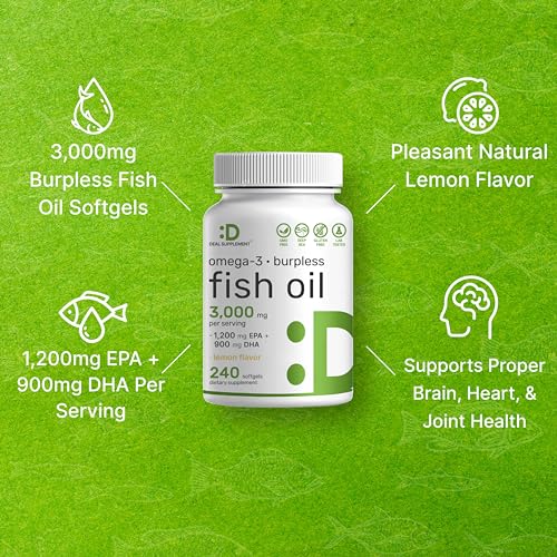 DEAL SUPPLEMENT Omega 3 Fish Oil Supplements, 3,000mg Per Serving, 240 Softgels – EPA 1,200mg + DHA 900mg – Burpless Pills, Lemon Flavored, Wild Caught – Brain & Heart Support – Mercury Free, Non-GMO