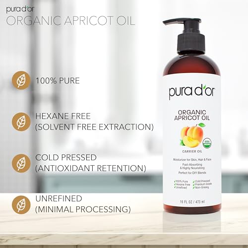 PURA D'OR 16 Oz ORGANIC Apricot Kernel Oil - 100% Pure & Natural USDA Certified Cold Pressed Carrier Oil - Antioxidant & Vitamin E Rich Moisturizer for Natural Glow & Softness - Face, Skin & Hair