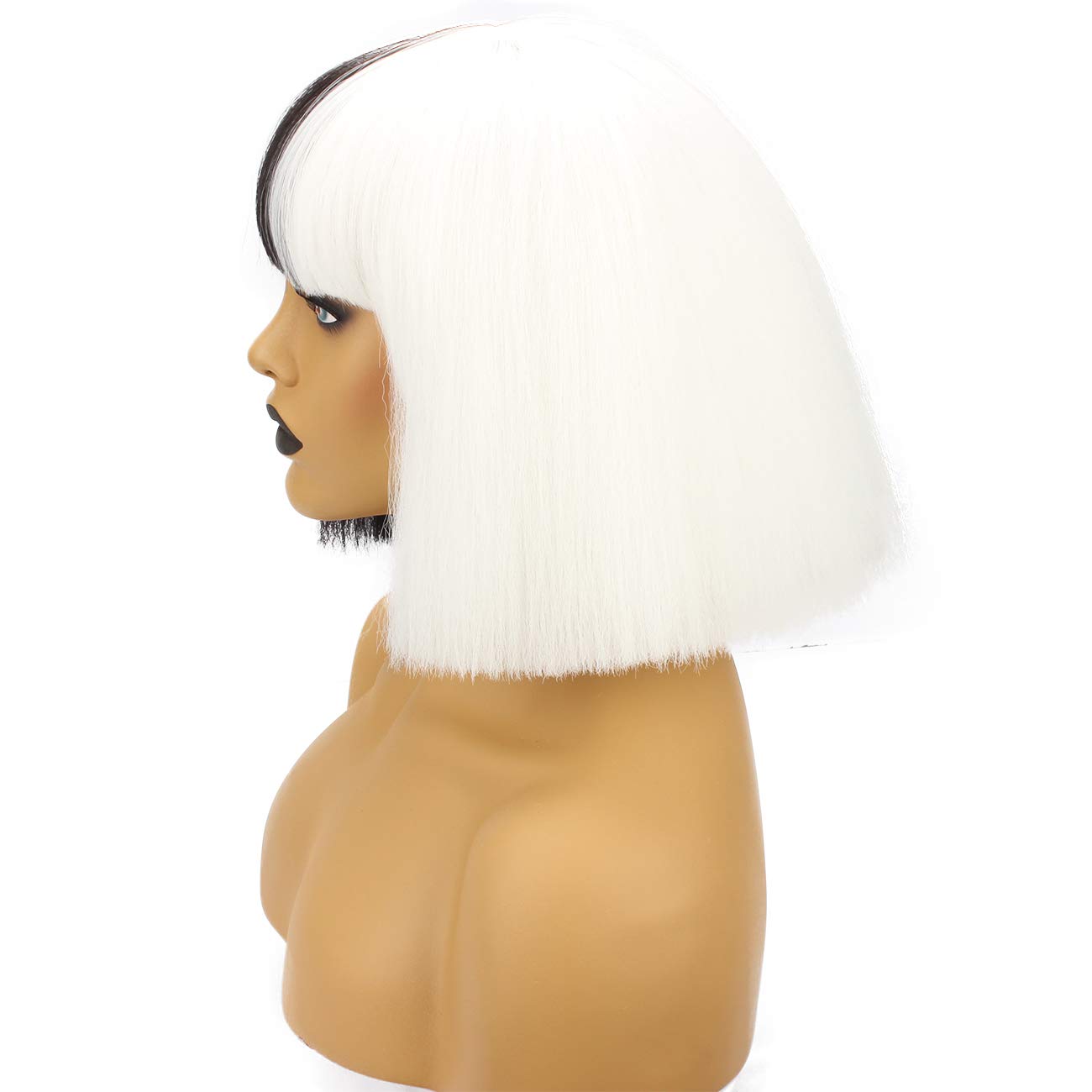WeKen Halloween Wig Women Short Bob Kinky Straight Full Bangs Synthetic Black and White by WeKen