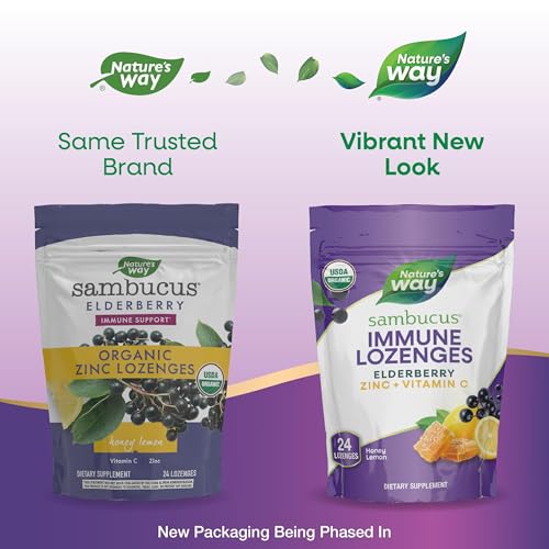 Nature's Way Sambucus Immune Lozenges, Zinc, Vitamin C, Elderberry, Immune Support*, USDA Organic, Honey Lemon Flavor, 24 Lozenges (Packaging May Vary)