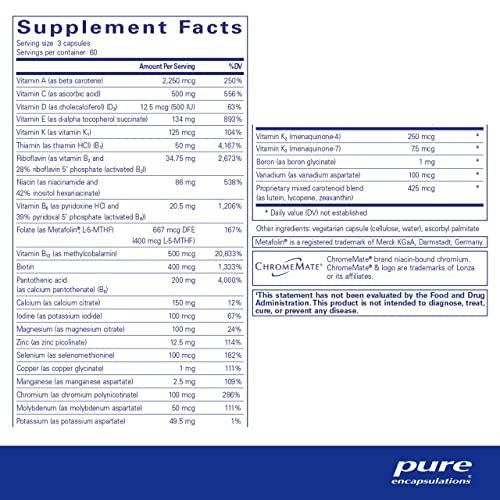 Pure Encapsulations Nutrient 950 with Vitamin K 180's - Multivitamin & Mineral Supplement - Bone & Arterial Support* - Optimal Absorption - Gluten Free & Non-GMO - 180 Capsules