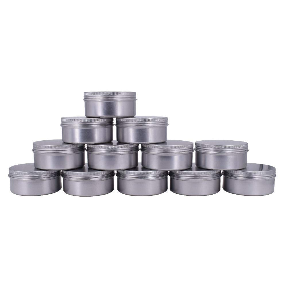 Healthcom 5-Ounce 12 Pack Screw Top Round Steel Tin Cans Aluminum Metal Tin Flat Storage Container for DIY Beauty,Cosmetics,Accessories,Candle Travel Tins or Storage Survival Kit