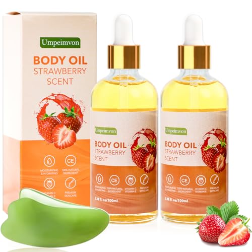 Umpeimvon 2 Pack 3.38 fl.oz Strawberry Body Oil after Shower, Vitamin C & E Gua Sha Body Oils Scented Body Oils for Women, Dry Body Oil Juice for Skin