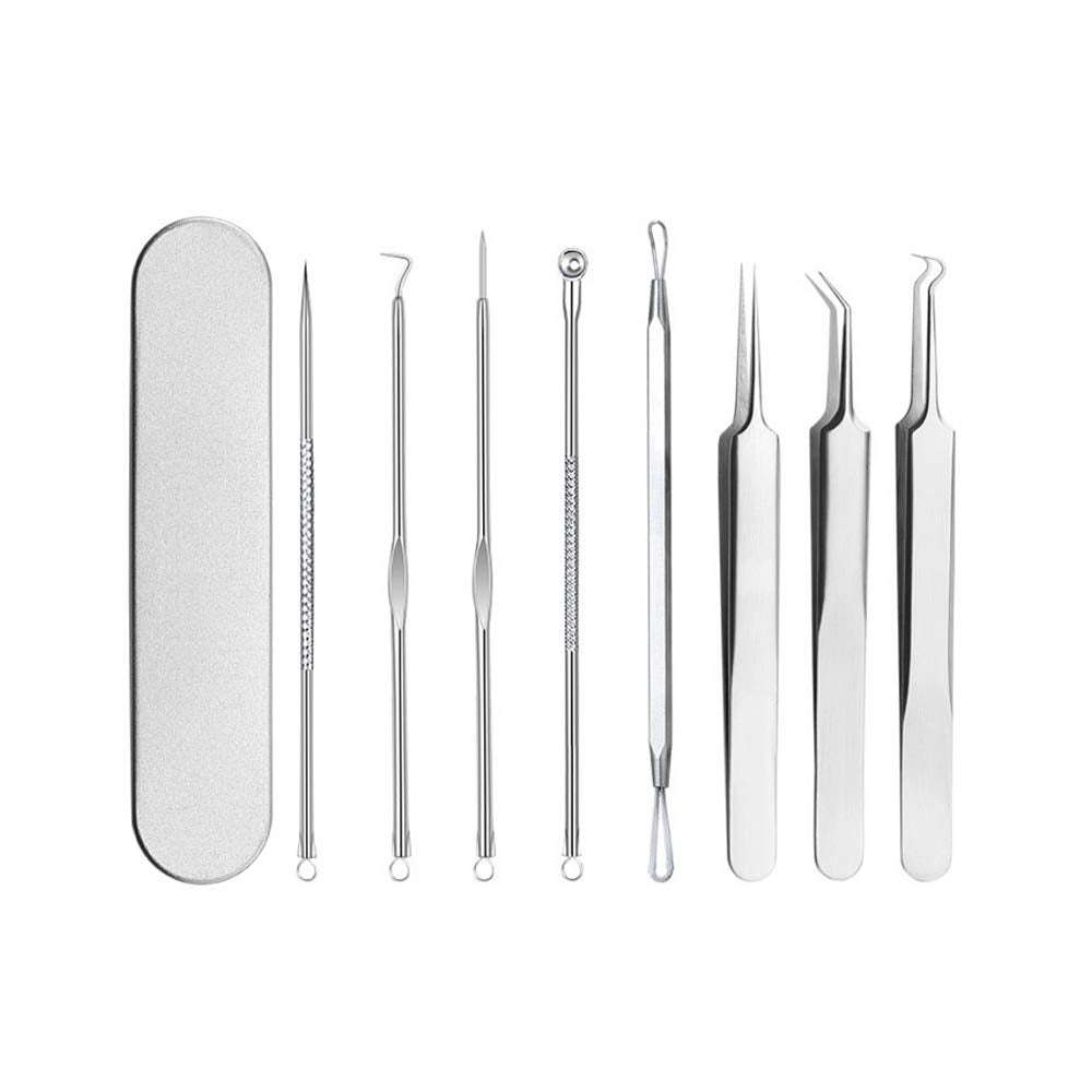Pinkiou Acne Needle Kit Curved Blackhead Remover Tweezers for Blemish Dermatologist Grade Nose Pimple Comedone Extractor Tool Set with Silver Metal Case (5pcs a pack)