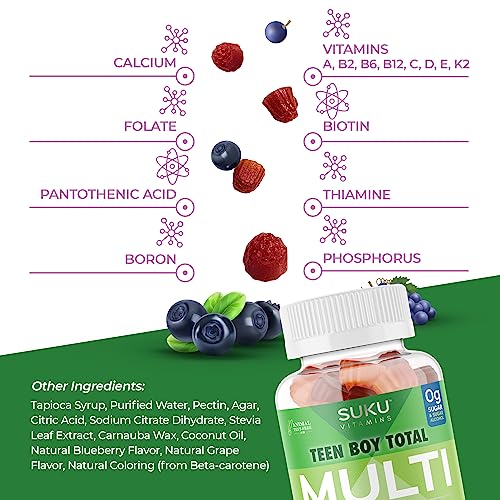 SUKU Vitamins Teen Boy Multivitamin – Sugar Free Vegetarian Gummy Supplement for Teen Boys 19 Essential Nutrients Strengthens Bones Muscles Enhances Energy Health – Blueberry Grape Flavor (60 Count)