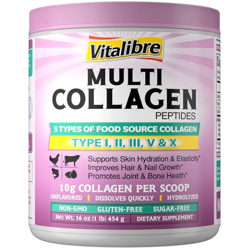 Vitalibre Multi Collagen Peptides Powder Type I II III V X, Hydrolyzed Collagen Protein for Women and Men, Skin, Hair, Nails and Joints, Unflavored, Non-GMO, Keto & GF, Zero Sugar, 45 Servings, 16oz
