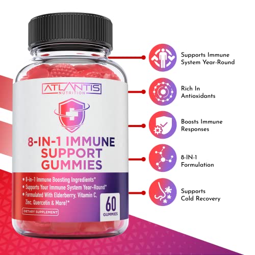 Atlantis Nutrition 8-in-1 Immune Support Gummies with Elderberry | Immune Supplement with Elderberry, Quercetin, Zinc, Vitamin C - Immunity Boosters for Adults & Kids - Delicious Flavor - 60 Count