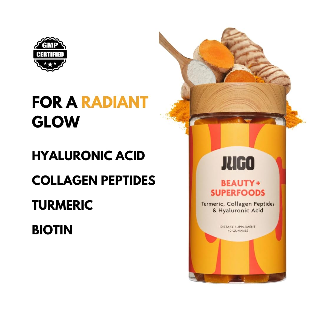 JUGO Beauty + Superfood Gummies | Biotin Collagen for Hair, Skin, and Nails | Biotin 2500 mcg & Hyaluronic Acid | 40 Count | Gelatin-Free, Non-GMO