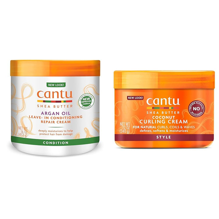 Cantu Leave-In Conditioning Repair Cream with Argan Oil, 16 oz & Coconut Curling Cream with Shea Butter for Natural Hair, 12 oz