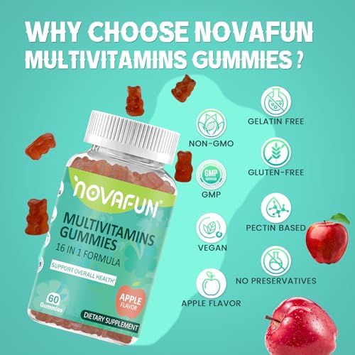 Novafun Multivitamin Gummies,16-in-1 Supplement with Essential Vitamins & Minerals for Overall Health, Vegetarian & Gluten-Free, Apple Flavor, 60 Count