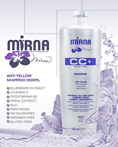 Mirna Professional Anti Yellow Color Care Shampoo. Delicate pH acid formula, also contains Vitamin F, Provitamin B5 Panthenol, SIlk and Pearl Extracts. Enriched with Blueberry extract. 1000ml / 33.8oz