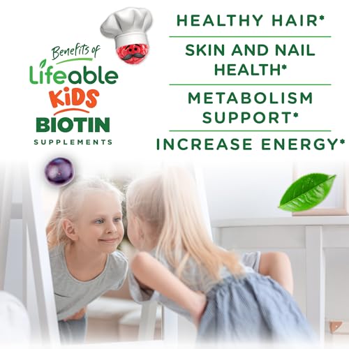 Lifeable Kids Biotin Gummies | 5,000mcg | Great Tasting Natural Flavor Biotin Supplement | Vegan Non GMO Hair Gummies | for Hair Skin and Nails | 90 Gummies