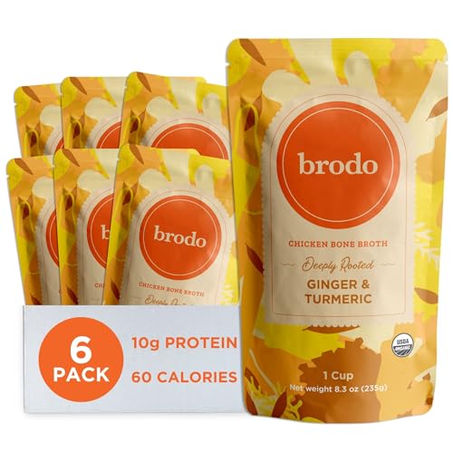 Brodo Deeply Rooted Organic Chicken Broth with Turmeric & Ginger, Nutrient-Rich Chicken Bone Broth Organic, High in Protein and Collagen for Wellness and Cooking, (6x 8.3 oz. Pouches)