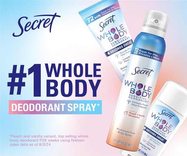 Secret Whole Body Deodorant Spray for Women, Travel Size, Peach & Vanilla Blossom Scent, Aluminum Free Deodorant, 72 HR Odor Protection, 1.0 oz